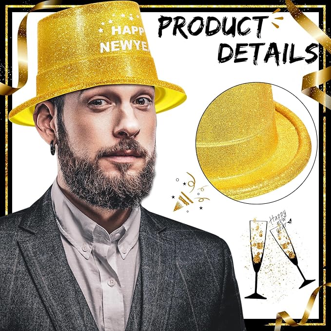 Hillban 50 Pack Glitter Top Hats Bulk Happy New Year Shiny Magician Top Hat for Adults Costume Party