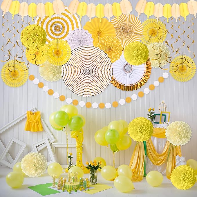 Moon Boat 35PCS Party Decorations Paper Fan Hanging Set - Birthday,Baby Shower,Lemon,Sunflower Theme Decor (Yellow)
