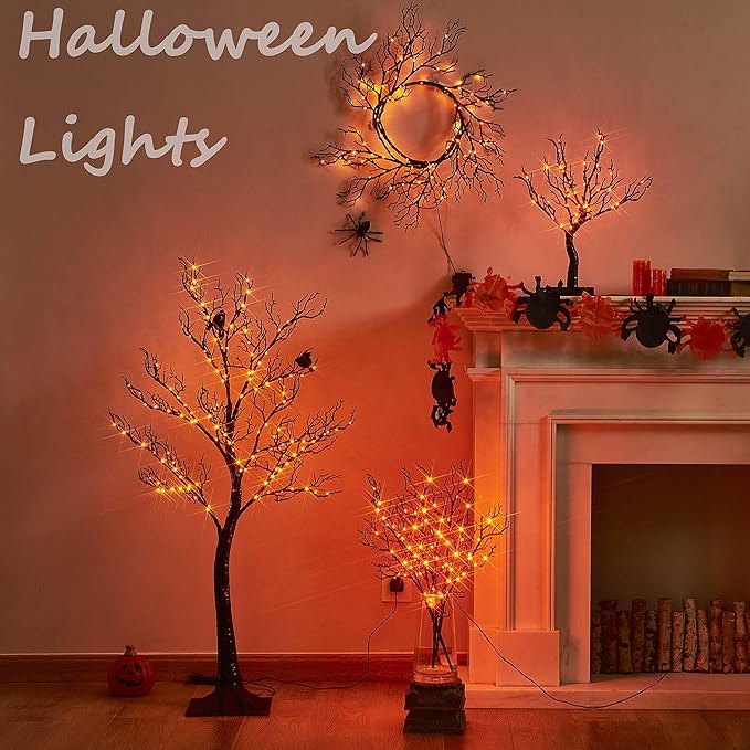 Birchlitland Halloween Tree with Lights 150 Orange Fairy Lights, 4TF Tell Black Glittered Tree Lights Pull in for Indoor and Outdoor Halloween Party Decoration