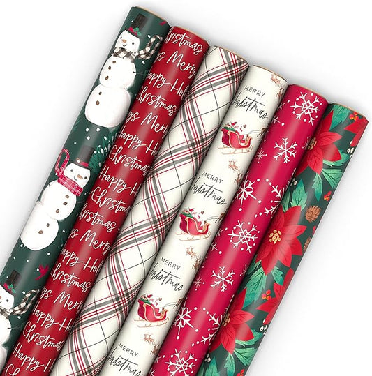 Hallmark Rustic Recyclable Christmas Wrapping Paper (6 Rolls: 180 Sq. Ft. Total) Red, White and Hunter Green Plaid, Poinsettias, Snowflakes, "Merry Christmas," Snowman, Santa