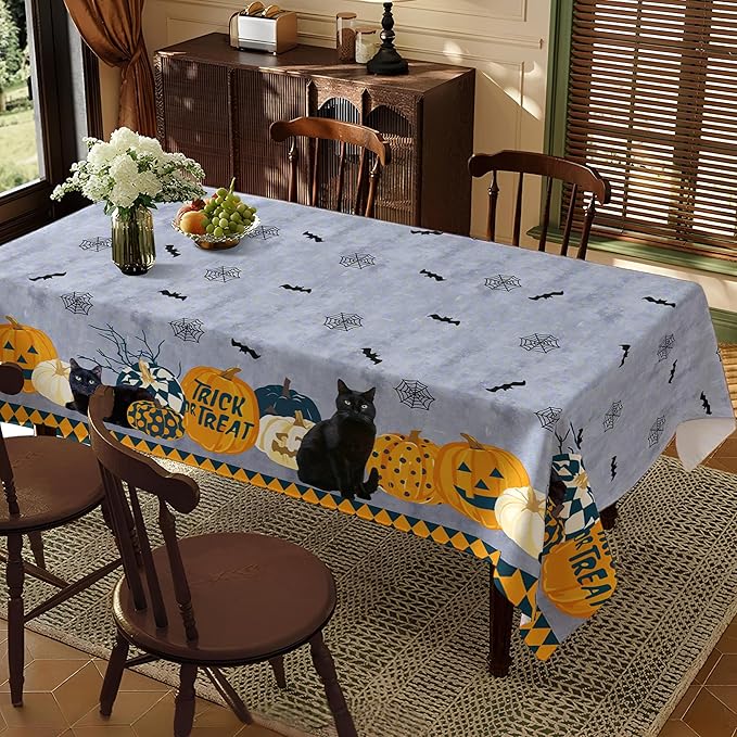 Halloween Waterproof Tablecloth – Spooky Pumpkin, Black Cat, Bat & Spider Web Design – Gray Holiday Table Cover for Party, Dining, and Home Decor, W52 x L70 in