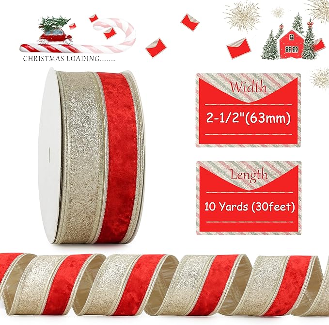 Red Velvet Wired Christmas Ribbon 2.5 Inch Red and Gold Glitter Holiday Ribbon – 10-Yards Roll for Tree Decorations, Gift Wrapping, Wreaths, and DIY Crafts