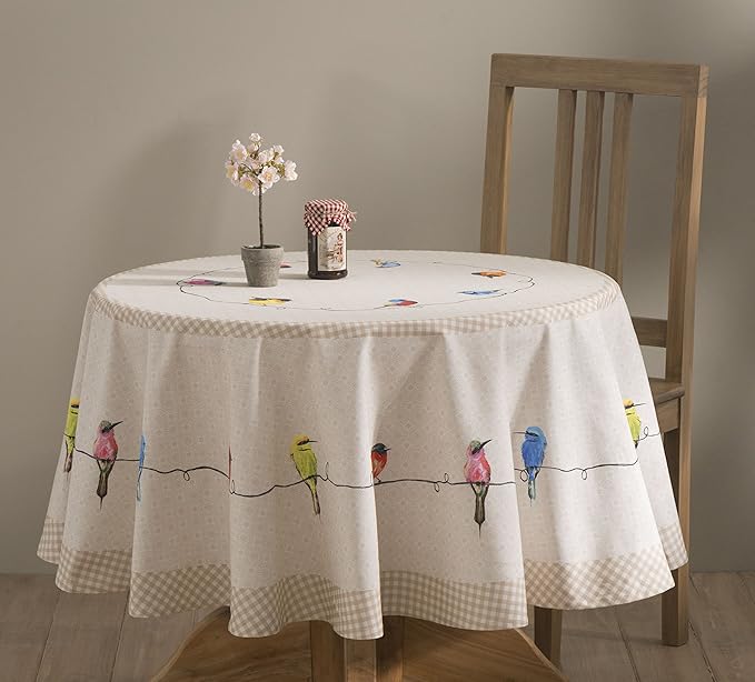 Maison d' Hermine Table Cloth Round Table 100% Cotton 63 Inches Tablecloth Reusable Decorative Everyday Use for Dining Room, Farmhouse, Home, Party, Festive & Wedding Spring Summer - Birdies On Wire