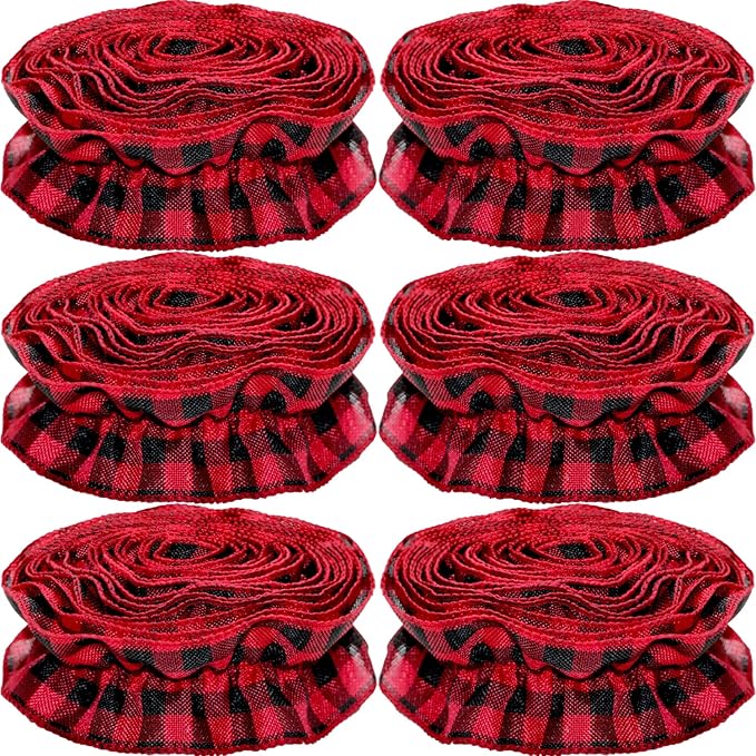 Jishi Christmas Tree Ribbon Garland Buffalo Plaid Christmas Decorations, 9 Ft X 6 Rolls Red and Black Buffalo Check Fabric Tree Ribbon Garland, Vintage Farmhouse Country Rustic Xmas Holiday Home Decor