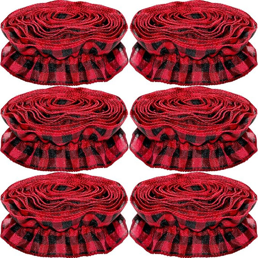 Jishi Christmas Tree Ribbon Garland Buffalo Plaid Christmas Decorations, 9 Ft X 6 Rolls Red and Black Buffalo Check Fabric Tree Ribbon Garland, Vintage Farmhouse Country Rustic Xmas Holiday Home Decor