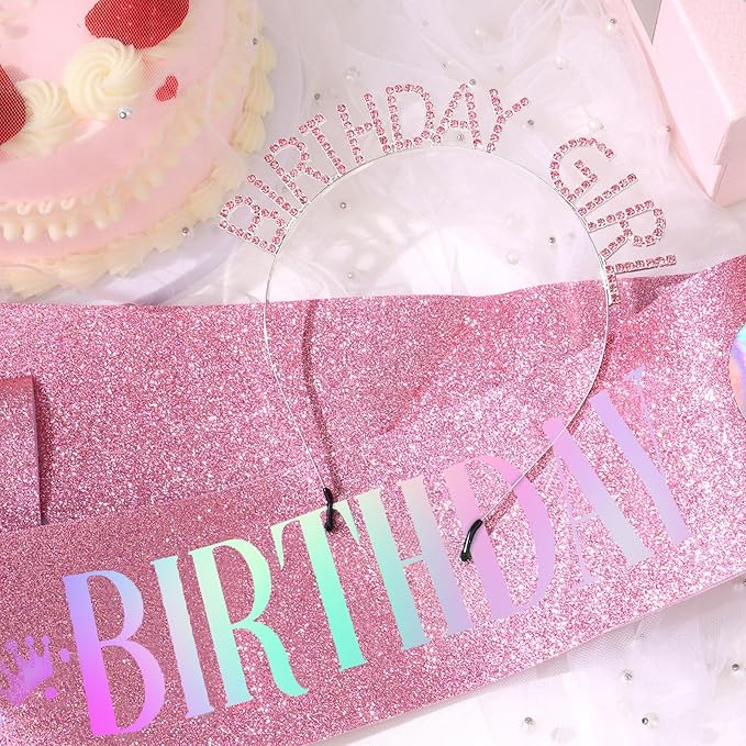 CAVETEE Birthday Girl Crown and Sash， Princess Tiara Happy Birthday Headband Party Accessories for Women and Girls