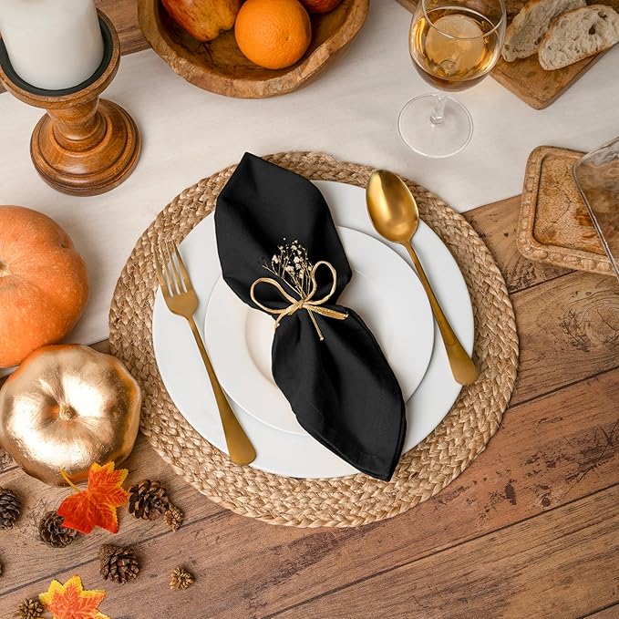 Blue Needles Solid Cloth Napkins Set of 12 Black 100% Cotton Dinner Napkins 18x18 inches - Soft, Reusable, Absorbent & Washable Fall Thanksgiving Linen, Ideal for Events, Parties & Everyday Use