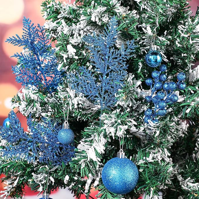 Sratte 94 Pcs Christmas Tree Decorations Set, Christmas Tree Ball Ornaments Glitter Poinsettia Flowers Decorations Glitter Berries Stems for Xmas Holiday Wedding(Lake Blue)