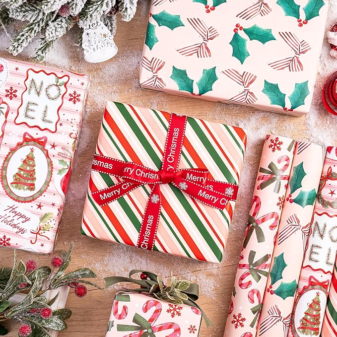 WRAPAHOLIC 30 Inch Christmas Wrapping Paper Roll - Jumbo Roll Red and Green Christmas Decor, Candy Canes, Holly and Bow Wrapping Paper - 4 Rolls - 30 Inch x 120 Inch Per Roll