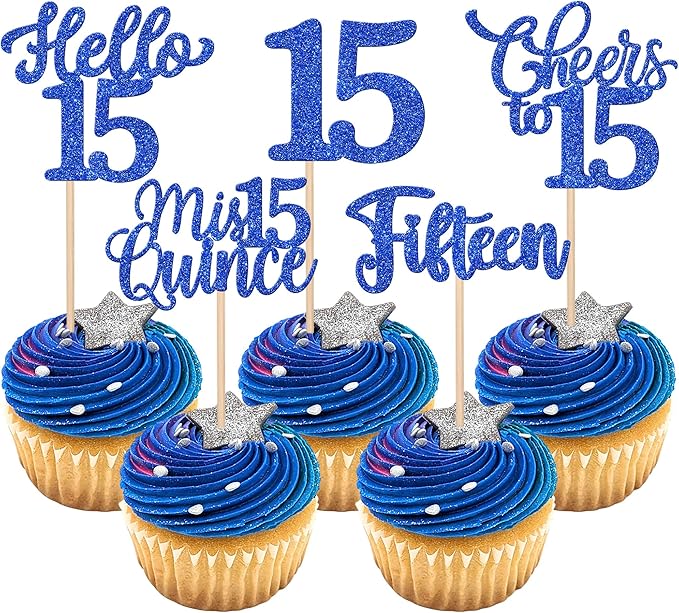 30PCS Happy 15th Birthday Cupcake Toppers Glitter Fifteen Mis Quince Hello 15 Cupcake Picks Cheers to 15 Birthday Decorations for 15th Birthday Anniversary Party Cake Decoration Supplies Blue