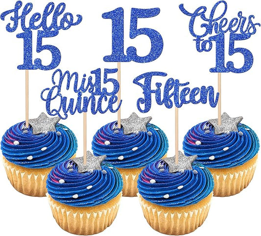 30PCS Happy 15th Birthday Cupcake Toppers Glitter Fifteen Mis Quince Hello 15 Cupcake Picks Cheers to 15 Birthday Decorations for 15th Birthday Anniversary Party Cake Decoration Supplies Blue