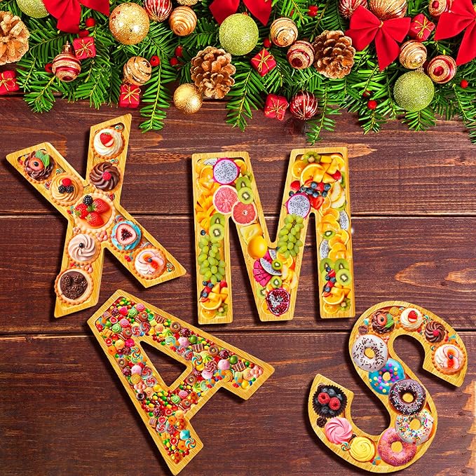 Christmas Charcuterie Boards Xmas Serving Platters Wooden Christmas Serving Trays for Food Candy Fruit Container Fillable Xmas Tabletop Serving Dish Charcuterie Boxes for New Year Party Home Supplies