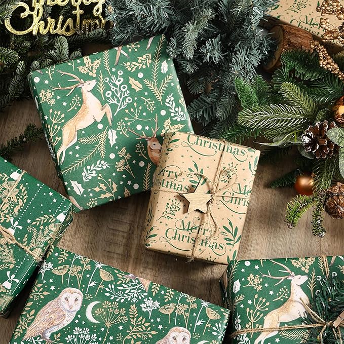 RUSPEPA Christmas Wrapping Paper Set, Jumbo Roll, 4 Rolls Green Owl Reindeer Ball Design Kraft Gift Wrap with 8 Bows, 2 Spools of Bakers Twine, 30 Stickers and 30 Gift Tags, 30 Inch x 10 Feet Per Roll