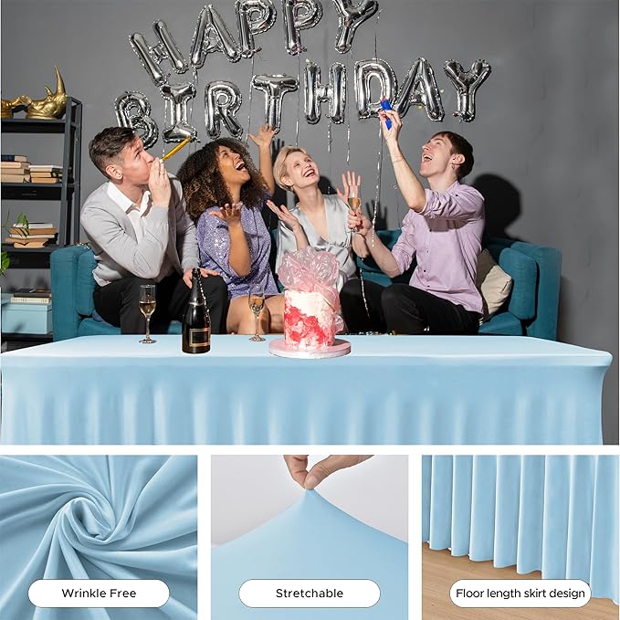HolidayIdeas Spandex Table Skirts for Rectangle Tables 6 Ft, Fitted Stretch Table Cover 30x72 Inch, Wrinkle-Free Ruffle Design Tablecloths for Banquets,Trade Shows, Parties, Events, 4 Pack, Baby Blue