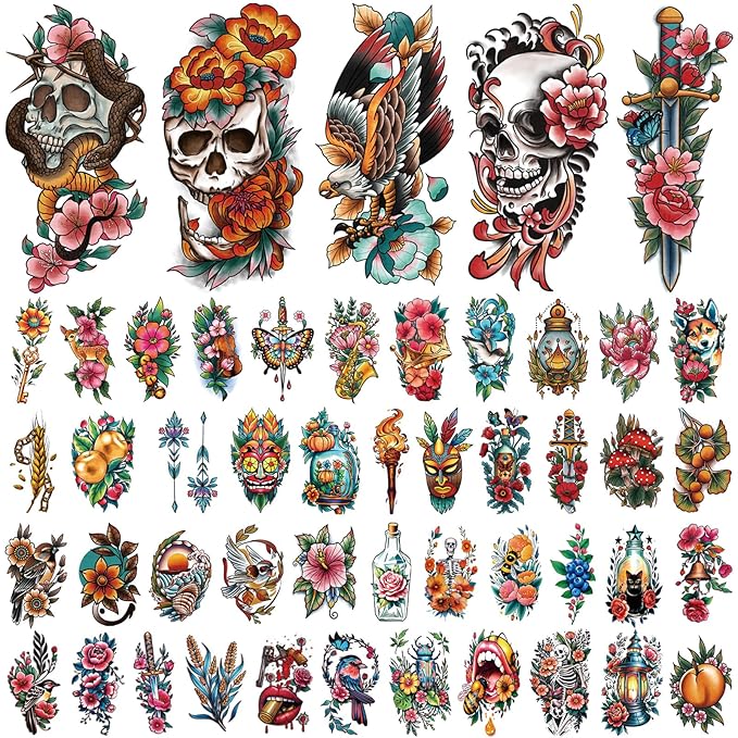77 Sheets Temporary Tattoo for Women Men, 17 Sheets Half Arm Skull Fox Tiger Cat Parrot Snake Fake Tattoos, 60 Sheets Vintage Traditional Tiny for Adult Kids Body Tattoos Stickers Waterproof Realistic