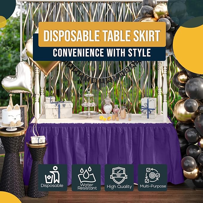 Exquisite Ruffle Table Skirt Purple 2 Pack 14 Ft Long Table Skirts for Rectangle Tables 6ft Plus or Round Tables Skirts with Adhesive Strip for Gender Reveal Decor & Happy Birthday Parties