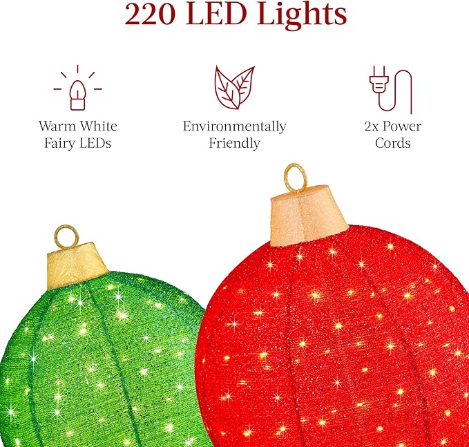 Best Choice Products 2pc Lighted Pop-Up Outdoor Christmas Ornament Set, Holiday Ball Decoration w/ 220 LED Lights, 8 Light Functions - Red/Green