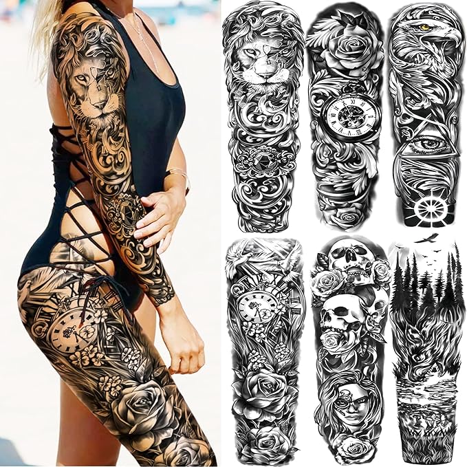 20 Sheets Black Lion Leopard Full Arm Temporary Tattoos For Men Adults Thigh, Floral Forest Wolf Skull Skeleton Eagle Maori Turtle Totem Fake Sleeve Tattoos For Women, Halloween Tattoo Stickers Flower