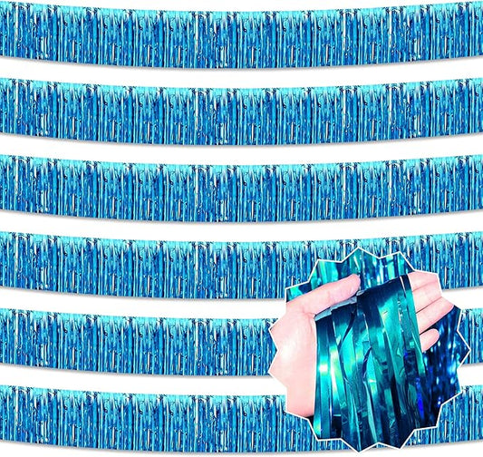 6 Pack 10 Ft Lake Blue Foil Fringe Garland Metallic Streamers Tinsel Banner Wall Hanging Garland Backdrop for Parade Floats, Halloween, Christmas, Thanksgiving, New Year Party Decorations
