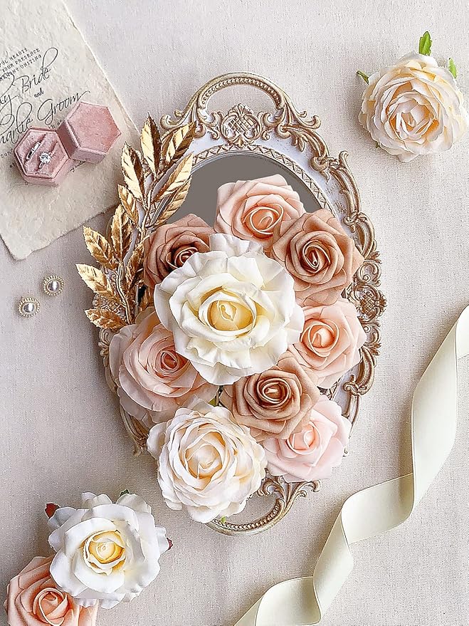 Roses Artificial Flowers Bouquet Combo Box Set Fake Flower Bulk for DIY Bridal Baby Shower Decorations Wedding Centerpieces for Table Silk Floral Arrangements Party Home Decor Indoor Peach