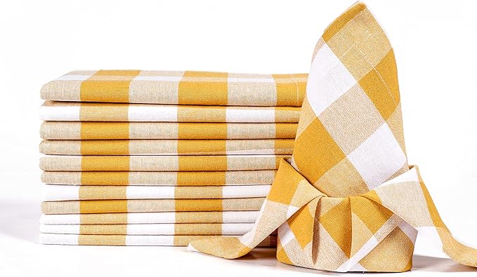 LFH Home Buffalo Check Cloth Dinner Napkins Set of 12, Cotton Napkins, 100% Cotton Checkered Wedding Christmas New Year Dinner Napkins with Mitered Corners and Generous Hem - 18 x 18 Mustard White