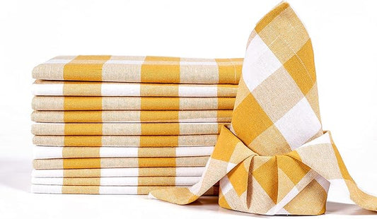 LFH Home Buffalo Check Cloth Dinner Napkins Set of 12, Cotton Napkins, 100% Cotton Checkered Wedding Christmas New Year Dinner Napkins with Mitered Corners and Generous Hem - 18 x 18 Mustard White