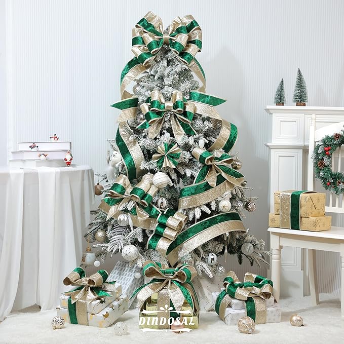 Dark Green Velvet Wired Christmas Ribbon 4 Inch Extra Wide Thick Green and Gold Glitter Holiday Ribbon – 10-Yards Roll for Tree Decorations, Gift Wrapping, Wreaths, and DIY Crafts