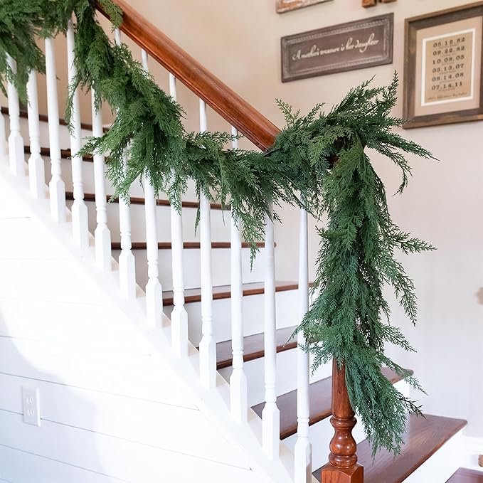 9ft Extra Full Real Touch Cedar Garland Artificial Realistic 9 ft, Faux Cedar Garland Realistic, Thick Realistic Christmas Garland for Mantle, Stairs, Table, Real Touch Garlands Fireplace