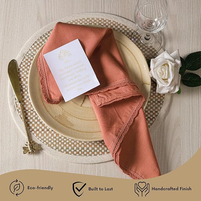 Ramanta Home Linen Flax Cloth Napkins Set of 24 | 18x18 Inch | Premium Cotton Linen Flax Lace Soft & Durable | Washable Ideal for Everyday Use Parties Thanksgiving Christmas Halloween Rust