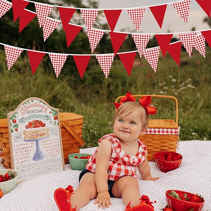 32Ft Red Gingham Party Decorations Red White Plaid Checkered Triangle Flag Pennant Fabric Garland for Birthday Baby Shower Carnival Picnic Pizza Hot Dog Farm Apple Italian Summer Party Supplies