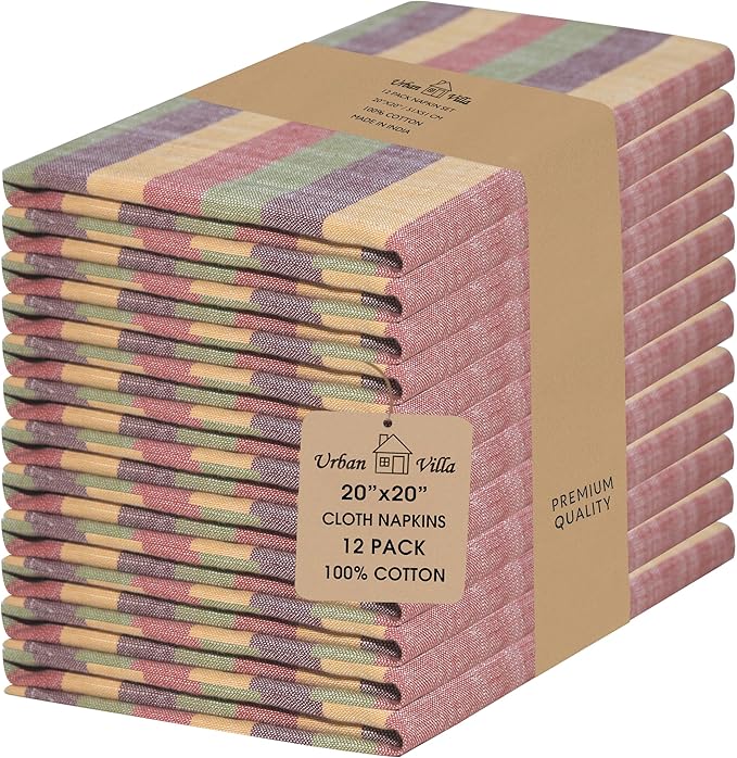 Urban Villa Cloth Napkins Autumn Stripes Dinner Napkins Set of 12 20X20 100% Cotton Absorbent Washable Durable Reusable Cloth Napkins Ideal for Farmhouse Party Thanksgiving Harvest Fall Dinner Napkins