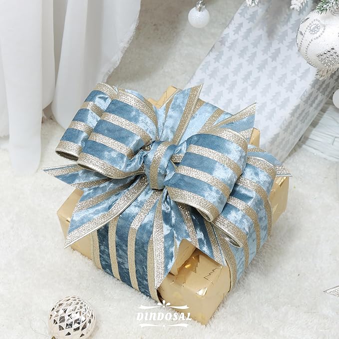 Dusty Blue Velvet Wired Ribbon with Champagne Glitter Stripe 4 Inch Extra Wide Crushed Velvet Christmas Ribbon, 10 Yards for Gift Wrapping, Crafts, Tree Decorations, Wreaths, Garlands