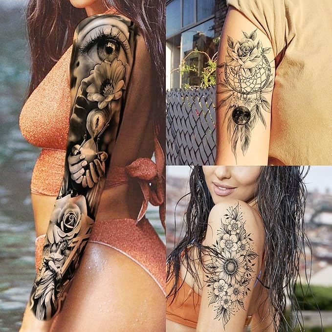 20 Sheets Sexy Rose Flower Full Arm Temporary Tattoos For Women Adults Thigh, Black Tribal Eye Gear Peony Florals Eye Compass Clock Fake Sleeve Tattoos For Women, 3D Halloween Tattoo Stickers