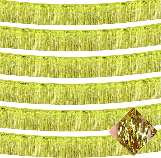 6 Pack 10 Feet Foil Fringe Garland Metallic Tinsel Streamers Banner Wall Hanging Curtain Backdrop for Parade Floats, Wedding, Disco, Birthday, Halloween, Christmas Party Decorations(Light Gold)
