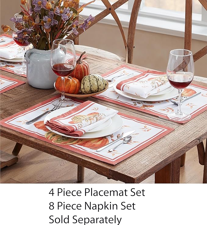 Home Bargains Plus Thanksgiving Contemporary Orange Pumpkin Fabric Placemats, Set of 4, Fall Harvest Easy Care Table Mats