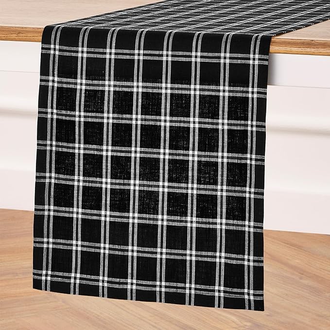 Solino Home Fall Table Runner 36 Inches - 100% Pure Linen Marseille Plaid Black Table Runner 14 x 36 Inch Ideal for Dresser and Coffee Tables - Thanksgiving, Christmas, Holiday