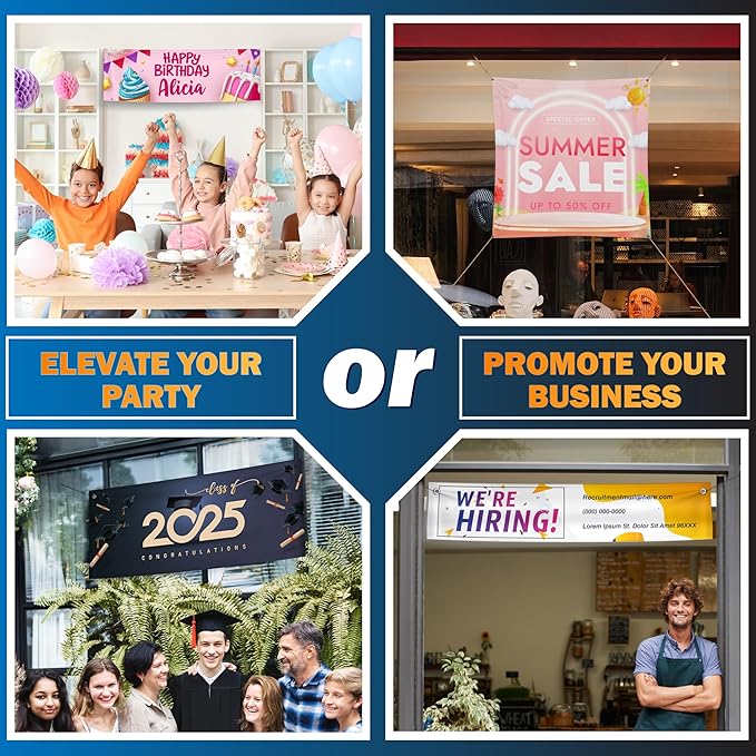 Custom Banners and Signs for Business - Upload Multiple Photo - 37 Sizes, 35 Background Colors & 20 Fonts - 13 oz Vinyl, Custom Banner Personalized, Birthday Banner