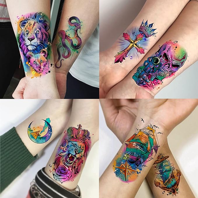 FANRUI 65 Sheets Watercolor Peony Rose Floral Temporary Tattoos For Women Arm Shoulder, Groovy Compass Flower Fake Tattoo Owl Blue Tribal Eye Skull Tiger, Long Lasting Tatoos Sleeve Angel Girls Adults