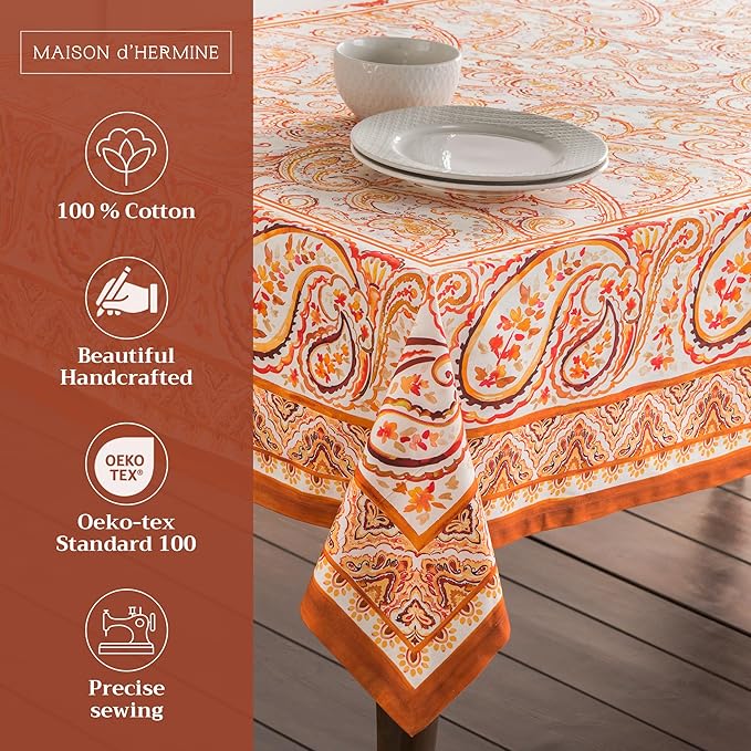 Maison d' Hermine Table Cloth Rectangle Table 100% Cotton 60 x 120 Inches Fall Tablecloth Reusable Everyday Use for Thanksgiving Christmas Decorations Dining Farmhouse Party (Palatial Paisley)