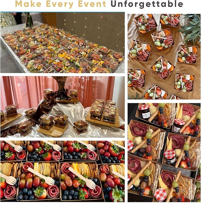 50 Pack Small Charcuterie Boxes with Clear Lids - To Go Paper Mini Charcuterie Box, Disposable Food Containers, 5Inch Dessert Boxes - Sandwich, Cookie, Sushi, Cake Slice, Strawberries (Brown)