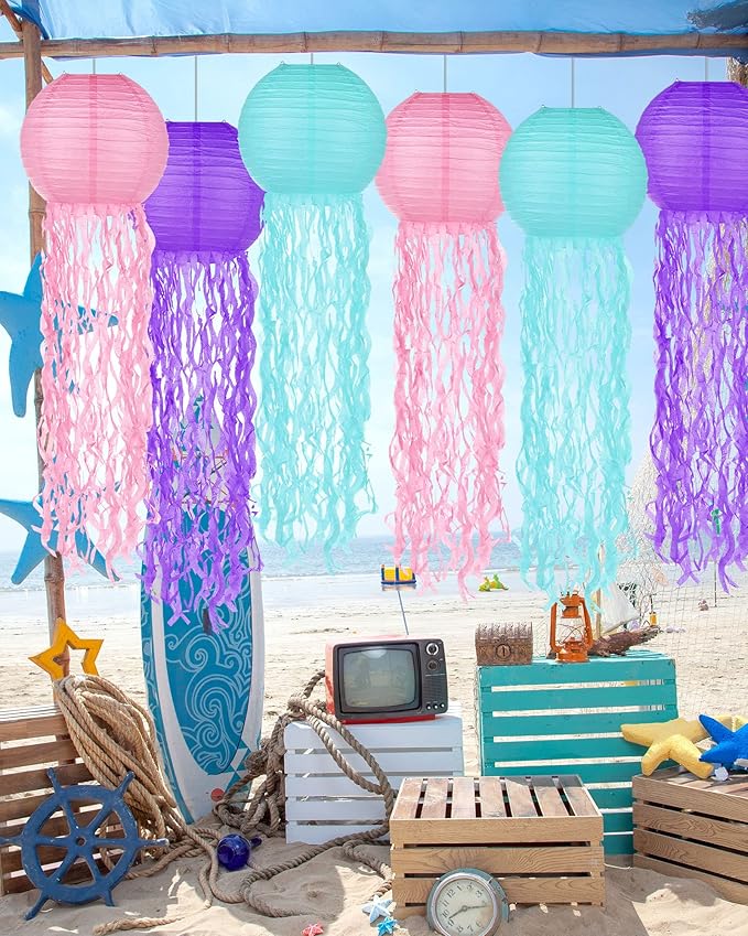 18 Pcs Jellyfish Paper Lanterns Jellyfish Lantern Hanging Decoration Ocean Theme Party Supplies Mermaid Birthday Decorations for Baby Shower Under The Sea Birthday Party Supplies(Vintage Color)