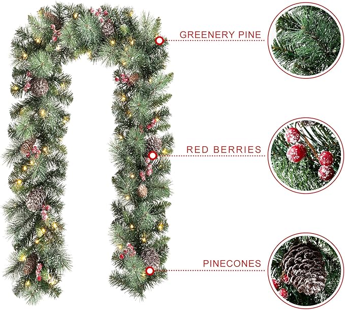 Glitzhome Set of 4 Prelit Christmas Garlands, 6FT Glittered Pinecones and Berries Green Pine Christmas Garlands with 50 Warm White Lights and Timer for Holiday Party Hanging Christmas Decorations