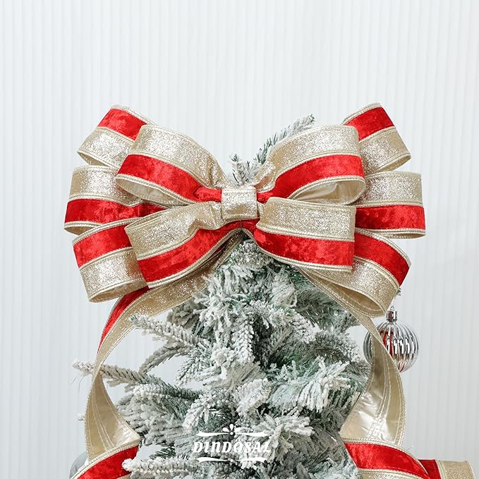 Red Velvet Wired Christmas Ribbon 2.5 Inch Red and Gold Glitter Holiday Ribbon – 10-Yards Roll for Tree Decorations, Gift Wrapping, Wreaths, and DIY Crafts