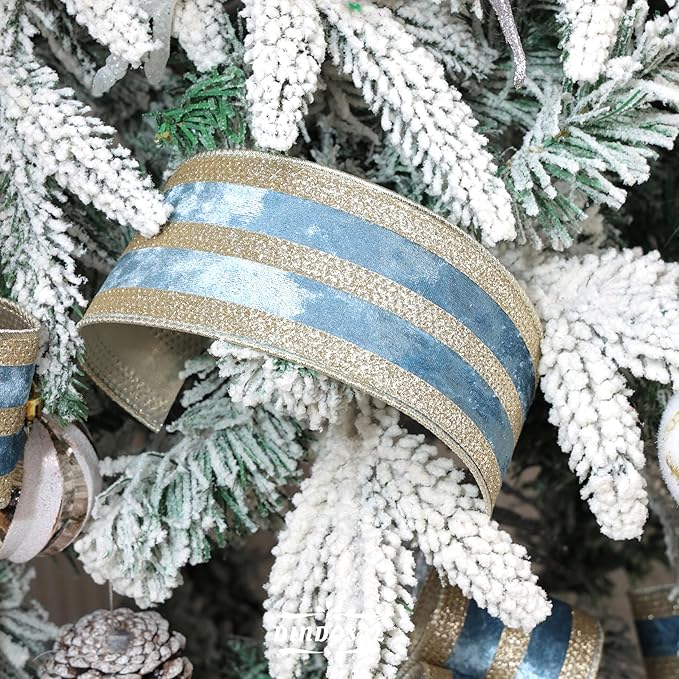 Dusty Blue Velvet Wired Ribbon with Champagne Glitter Stripe 2.5 Inch Crushed Velvet Christmas Ribbon, 10 Yards for Gift Wrapping, Crafts, Christmas Tree Decorations, Wreaths, Garlands