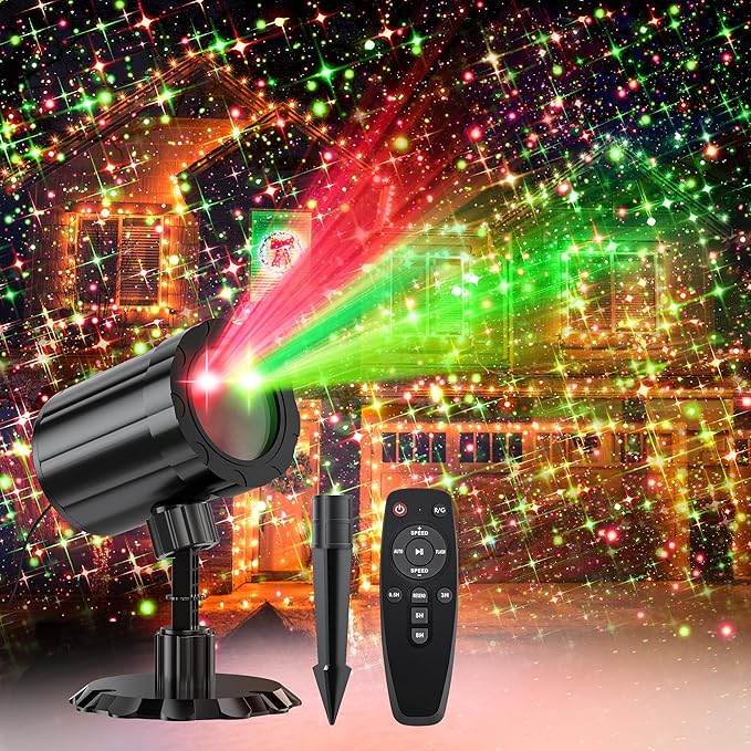 Christmas Projector Lights Outdoor, GUSODOR Red & Green Starlight 3 Modes with Remote and Timer Projection Lights, IP65 Waterproof Projector for Christmas Decorations Yard Holiday Party New Year