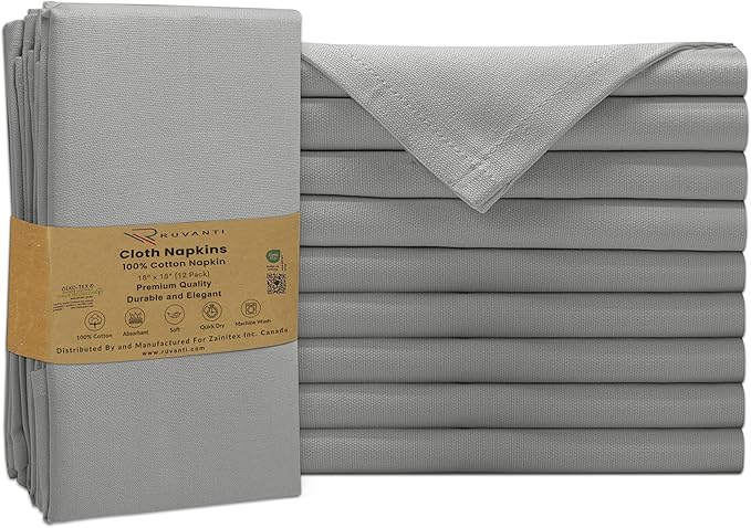 Ruvanti Premium Cloth Napkins Set of 12, 18x18 Inches, 100% Cotton, Washable, Soft & Absorbent, Perfect for Wedding, Christmas, ‎Thanksgiving Dinners - Wild Dove