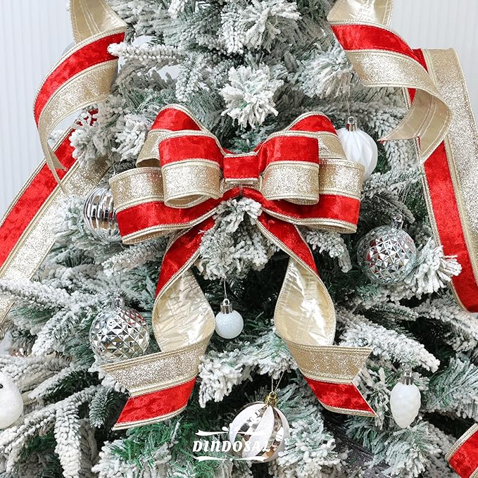 Red Velvet Wired Christmas Ribbon 2.5 Inch Red and Gold Glitter Holiday Ribbon – 10-Yards Roll for Tree Decorations, Gift Wrapping, Wreaths, and DIY Crafts