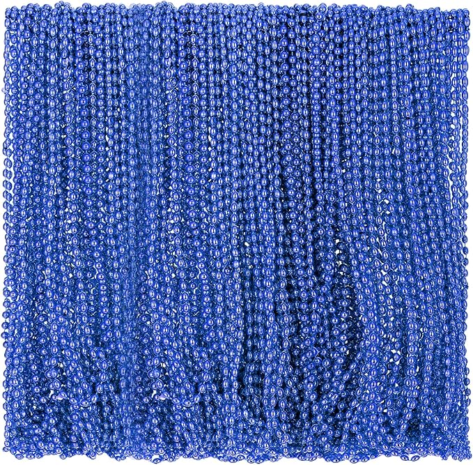 Riceshoot 200 Pcs Blue Bead Necklace Bulk Mardi Gras Oval Beads Necklace Party Favors 33" 7mm Metallic Color Beaded Costume Necklaces for Halloween Christmas Festive Event Accessories