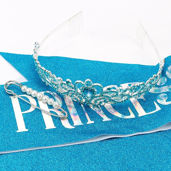 CIEHER Princess Crown and Sash Set, Blue Birthday Crown and Tiara for Girls and Women, Happy Birthday Accessories