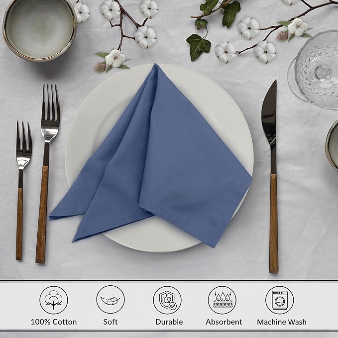 Ruvanti Cloth Napkins Set of 6, 18x18 Inches, 100% Cotton, Washable, Soft & Absorbent, Perfect for Wedding, Christmas, ‎Thanksgiving Dinners - Bijou Blue